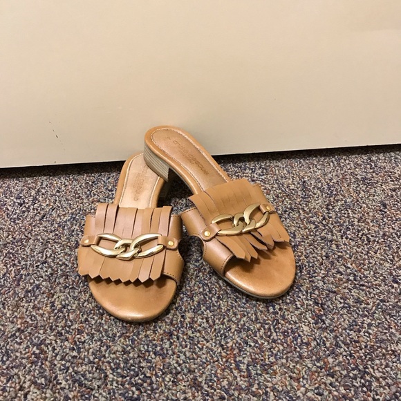 Shoes - Fringed Tan Slide Sandals